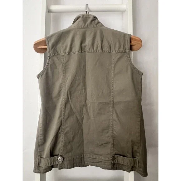 Chico's Design Button Up Twill Vest Womens S (Chico's 0) Khaki Gray Pocket Welt - Picture 14 of 15
